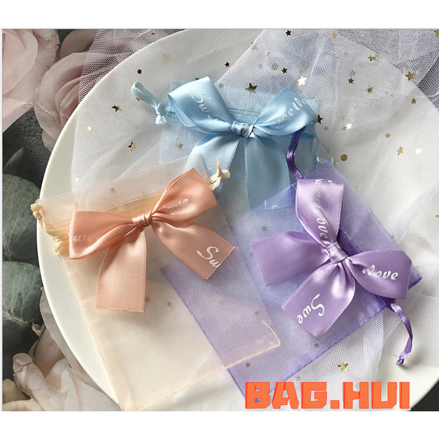 🍒🍒BH ถุงผ้าตาข่าย ถุงผ้าหูรูด แต่งโบว์ใหญ่ น่ารัก ใส่ของชำร่วย ของขวัญ เครื่องประดับ พร้อมส่ง