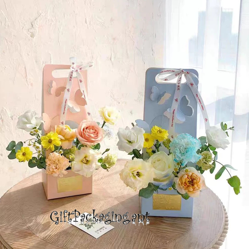 ส่งทันที...กล่องดอกไม้ผีเสื้อ บรรจุภัณฑ์กระเป๋าถือดอกไม้ ศิลปะดอกไม้ DIY ตะกร้าดอกไม้พกพา กล่องดอกไม้