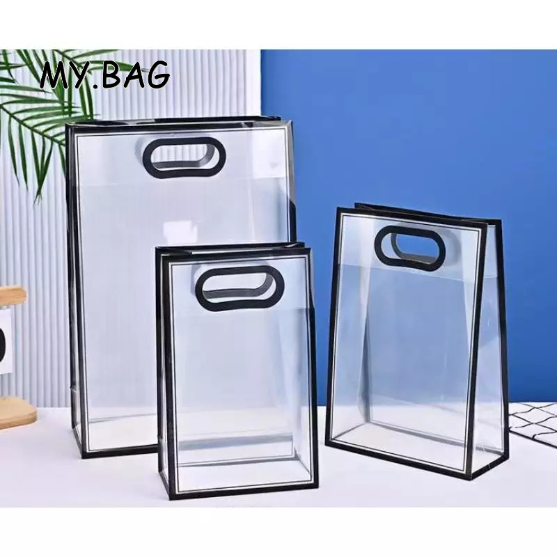 🍇🍇BAG🍇🍇 ถุงใส PVC แบบหูจับ ขอบสี มี 3 ขนาด แข็งแรง ทนทาน ใส่ของขวัญ