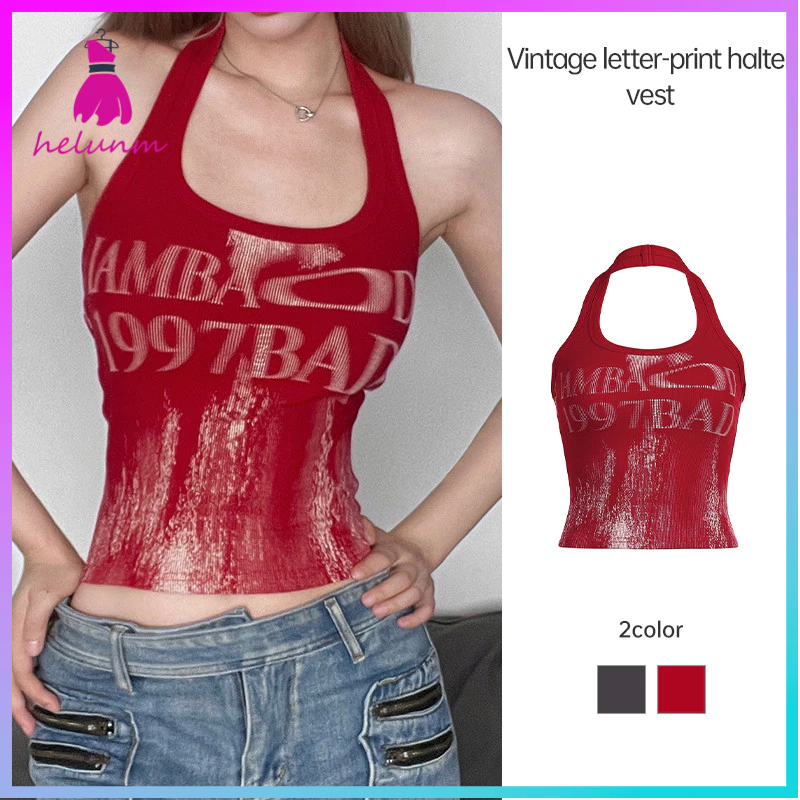 🔥【เตรียมส่ง】🔥Slim FITTING TOP Retro Letter พิมพ์แขวนคอเสื้อกั๊กผู้หญิง Backless เซ็กซี่ TOP