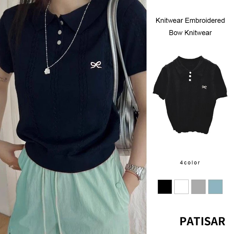 Turn-down Collar เสื้อถักแขนสั้นปักโบว์เสื้อถักผู้หญิงบางสีทึบด้านบน PR
