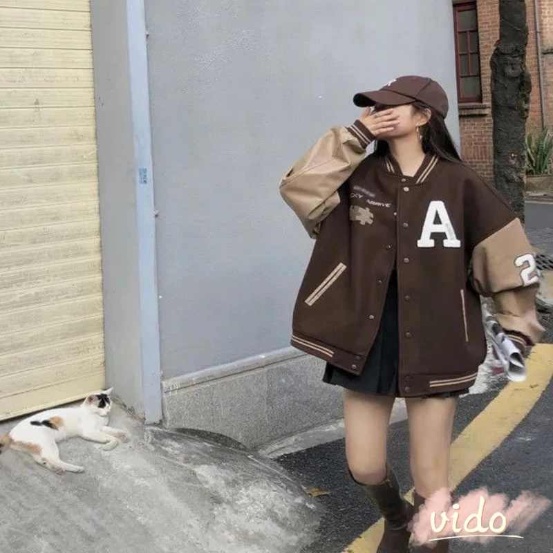 ฤดูใบไม้ผลิฤดูใบไม้ร่วงวินเทจกาแฟเสื้อพิมพ์ผู้หญิงแจ็คเก็ตคู่ที่เดินทางมาพักผ่อนเบสบอลย์ VIDO
