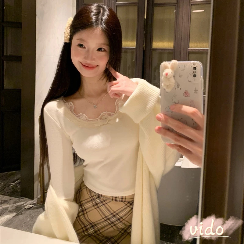 เสื้อยืดแขนยาวขอบลูกไม้ผู้หญิงเข้ารูปพอดีเสื้อบอททอมสั้นอเนกประสงค์ VIDO