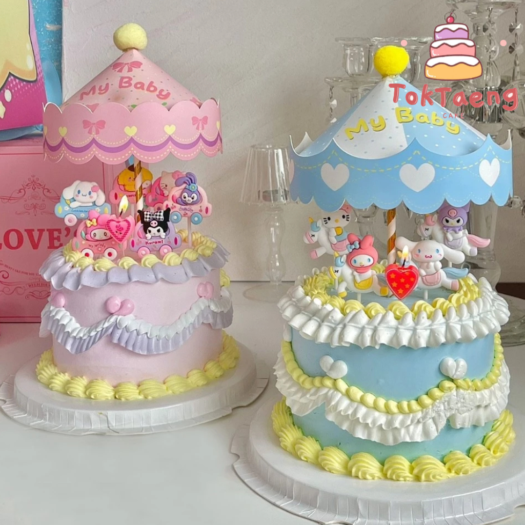 ป้ายปัก Sanrio มายเมโลดี้ ชินาม่อน คุโรมิ คิตตี้ ขี่รถ โดมแบบปักม้าหมุนสีฟ้า แต่งเค้ก 2187 2188