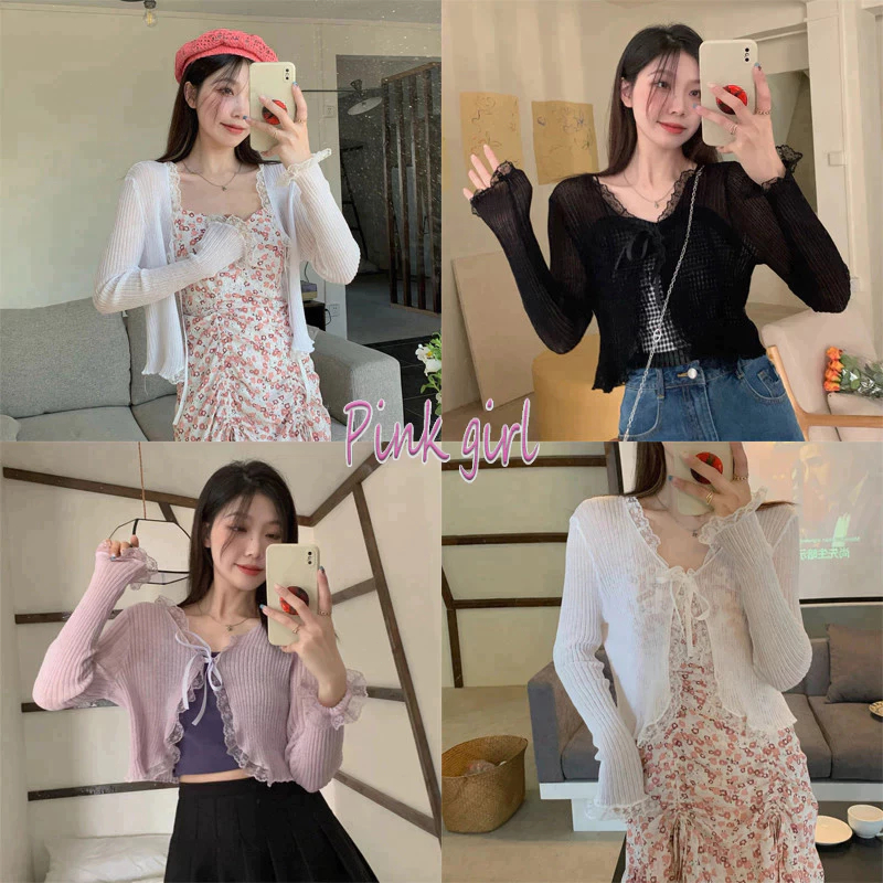 💋Pink girl💋 พร้อมส่ง เสื้อคลุมซีทรู ไหมพรมลายลูกไม้ดีเทลผูกเชือกได้ "9515"