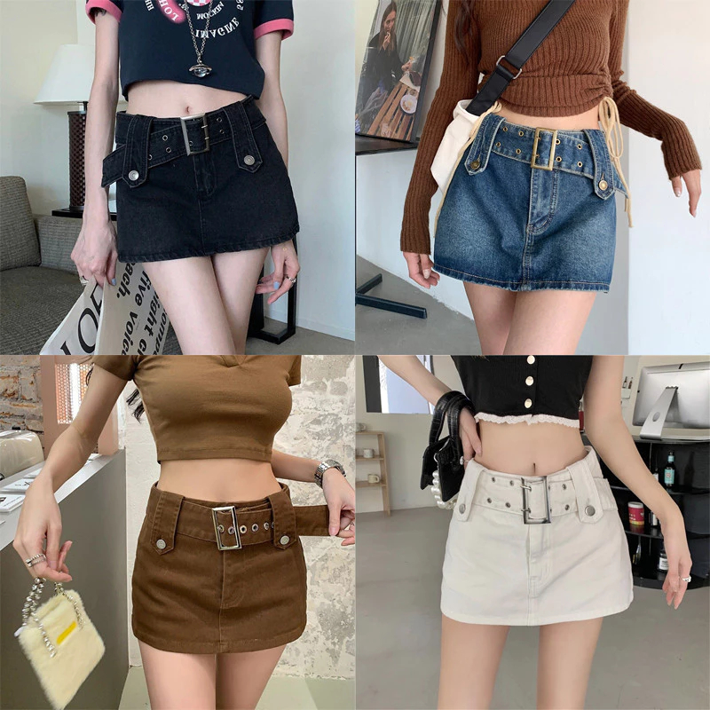 💋Pink girl💋พร้อมส่ง กระโปรงกางเกงยีนส์ ทรง Y2K เอวสูงมีกางเกงด้านใน "932/9015"-NZ