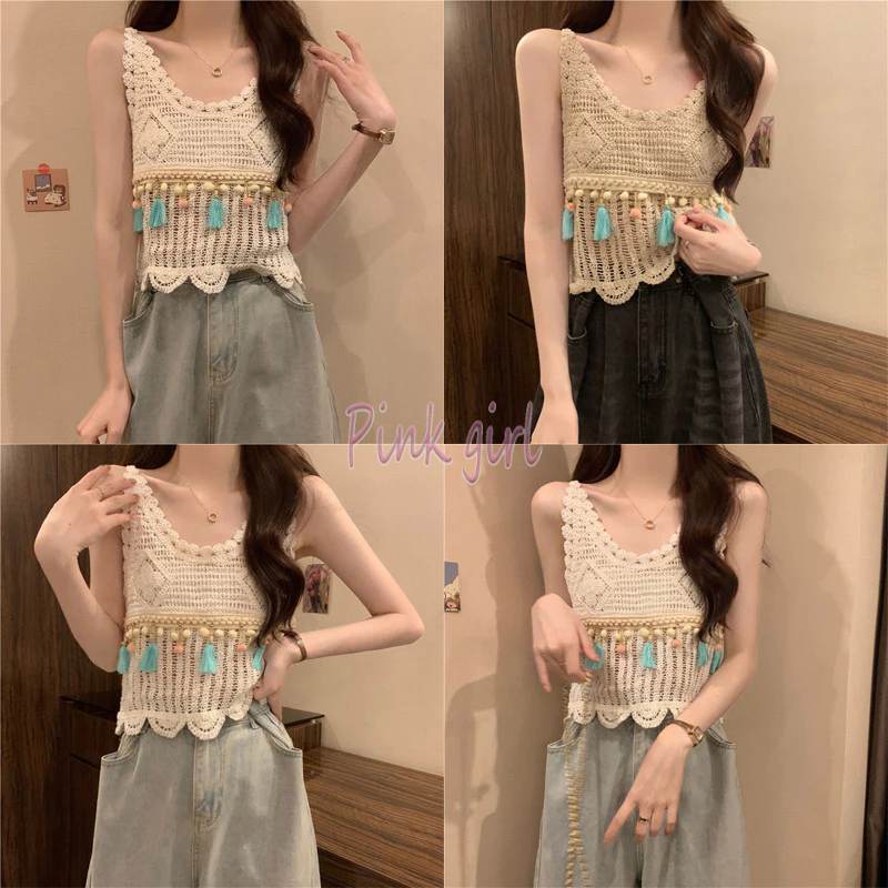 💋Pink girl💋​พร้อมส่ง เสื้อสายเดี่ยวถักไหมพรม สไตล์โบฮีเมี่ยน "CX0006" -C
