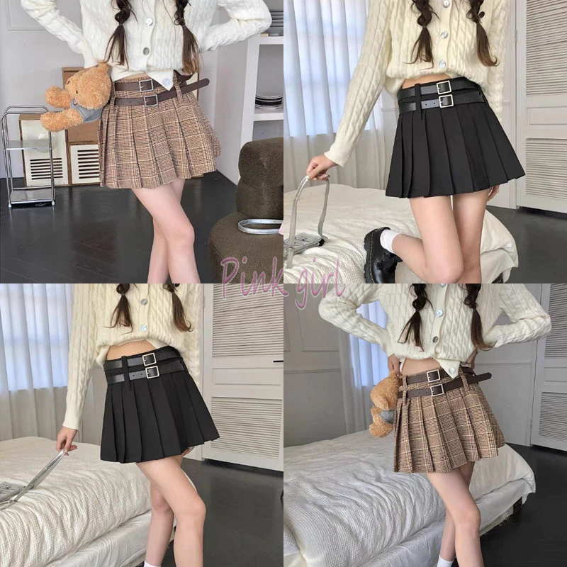 💋Pink girl💋​พร้อมส่ง กระโปรงพลีส มีซับบางๆ 2เข็มขัด "606NEW" -NZ-XM