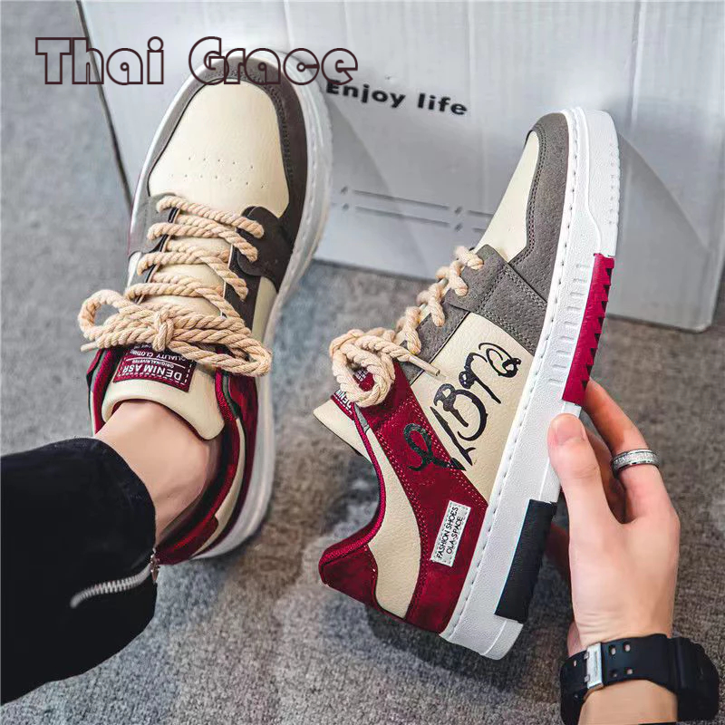 TG 🔥พร้อมส่ง🚚 รองเท้าผ้าใบหุ้มข้อต่ำของผู้ชาย รองเท้านักเรียนผูกเชือกหัวมนลำลอง แบน กันลื่น น้ำหนักเบา ระบายอากาศ