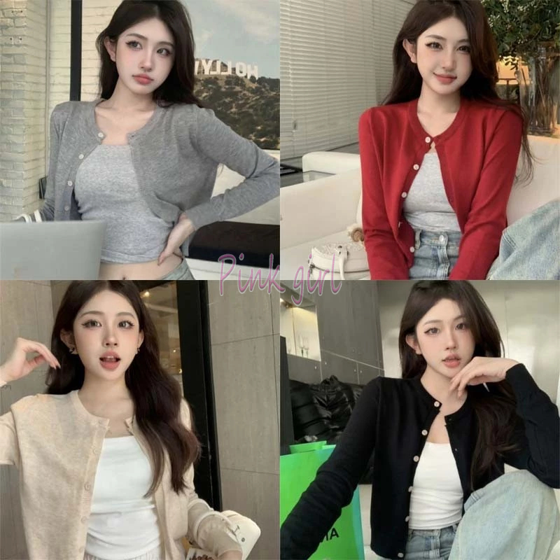 Pink girl ​พร้อมส่ง เสื้อคลุมไหมพรมแขนยาว คอกลม คาดิแกรนเกาหสีสีพื้น “D091”