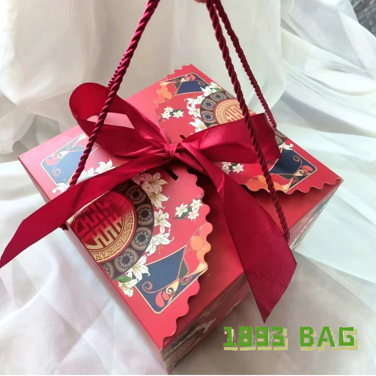 🍭 กล่องของขวัญ ขนาดใหญ่ เชือกหิ้ว สีแดง สไตล์จีน ผูกโบว์+ริบบิ้น ใส่ขนมไว้พระจันทร์ ใส่ขนมเค้ก ใส่ของขวัญ พร้อมส่ง