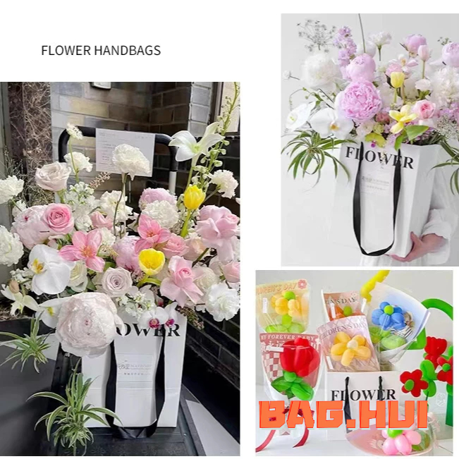 🍒🍒BH ถุงกระดาษ Flower สำหรับขช่อดอกไม้ ของขวัญ กระดาษหนา เชือกหิ้วยาวสะพายบ่าได้ สีขาว พร้อมส่ง