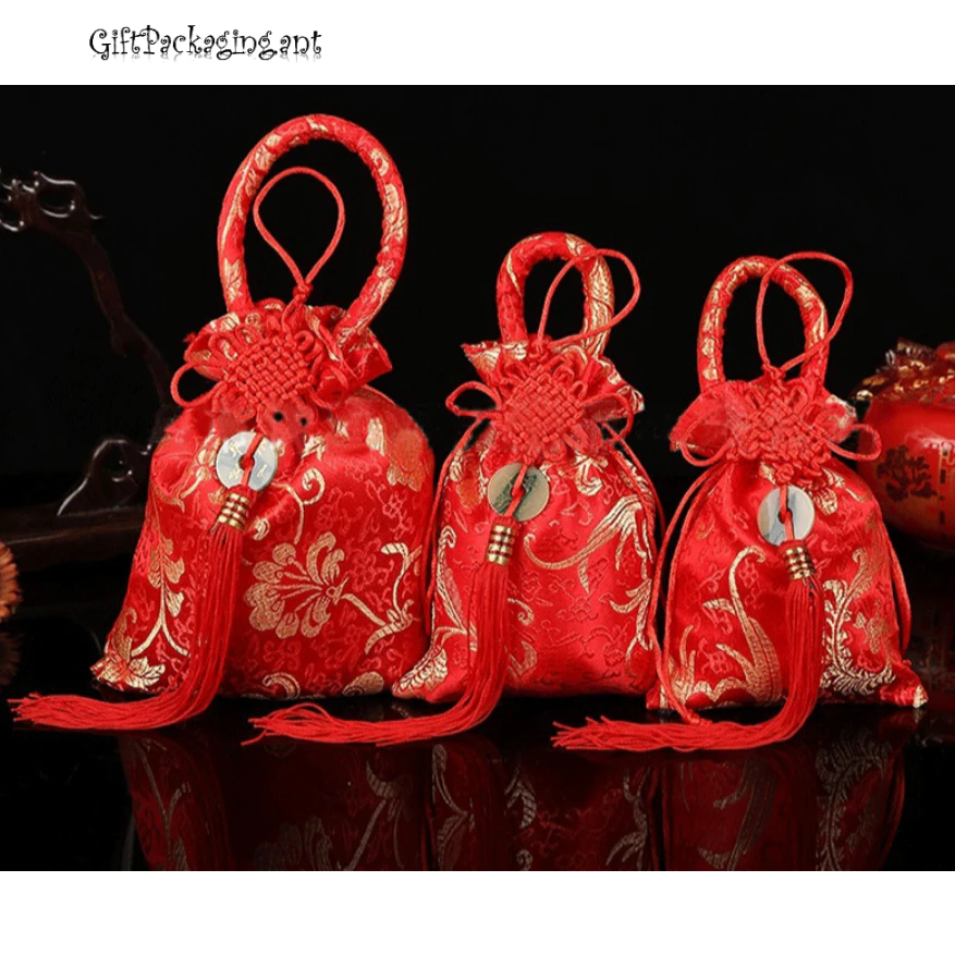 giftpackaging🍬กระเป๋าผ้า ถุงปักลายจีน ถุงผ้าใส่ของ รับไหว้ ของฝาก สไตล์จีนมีพู่ พร้อมส่งจากไทย