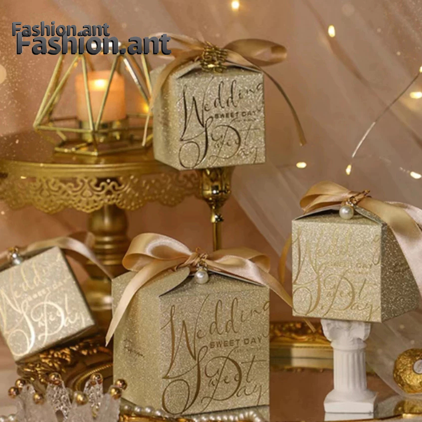 ✅พร้อมส่ง✅กล่องของขวัญ ของชำร่วย กล่องพรีเวดดิ้งงานแต่งงาน สีเงิน-สีทอง พร้อมริบบิ้น+ไข่มุก