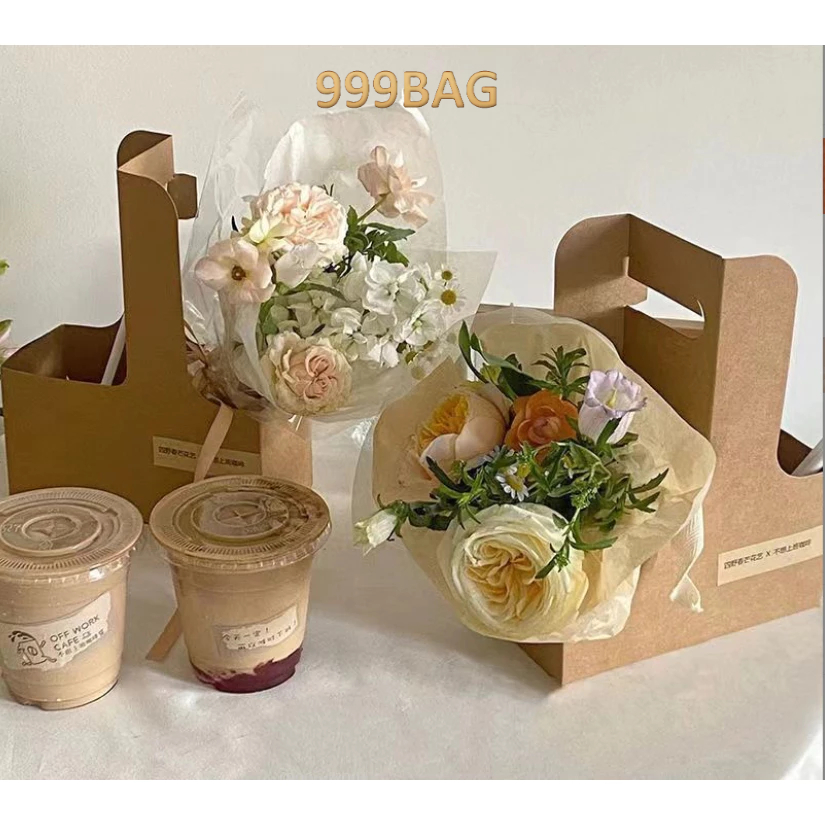 มาใหม่99 กล่องใส่ดอกไม้ ถาดใส่แก้ว ที่ใส่แก้วกาแฟ กระดาษคราฟท์ พร้อมส่ง