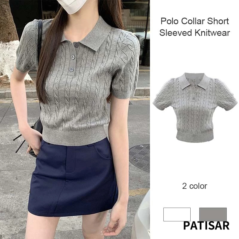 ปกโปโล บิด แขนสั้น เสื้อถัก ผู้หญิง สีทึบ ด้านบน สั้น เสื้อถัก กระชับสัดส่วน PR