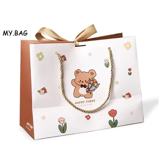 🌷🌷BAG🌷🌷 ถุงกระดาษ หูหิ้ว ถุงของขวัญ น่ารักๆ สไตล์เรียบหรู ลายหมี พร้อมโบว์สีทอง ลาย HAPPY TIMES