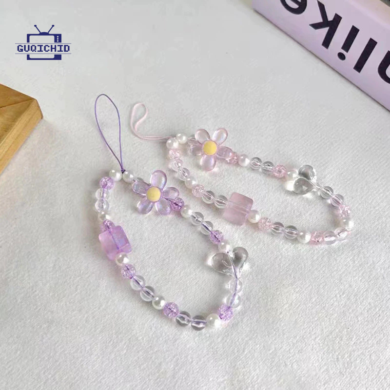 สายคล้องโทรศัพท์มือถือ สายคล้องโทรศัพท์ลายดอกไม้เล็กสีโปร่งแสงพร้อมลูกปัดสีลูกกวาด สายคล้องกระเป๋าพร้อมลูกปัดสีลูกกวาด
