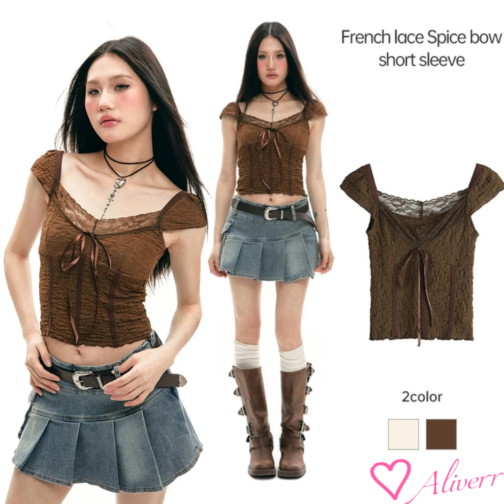 NEW SIZE ฤดูร้อนรูปแบบใหม่ ลูกไม้ ผอมเพรียว คอวี เผยให้เห็นกระดูกไหปลาร้า เสื้อยืด LIVE