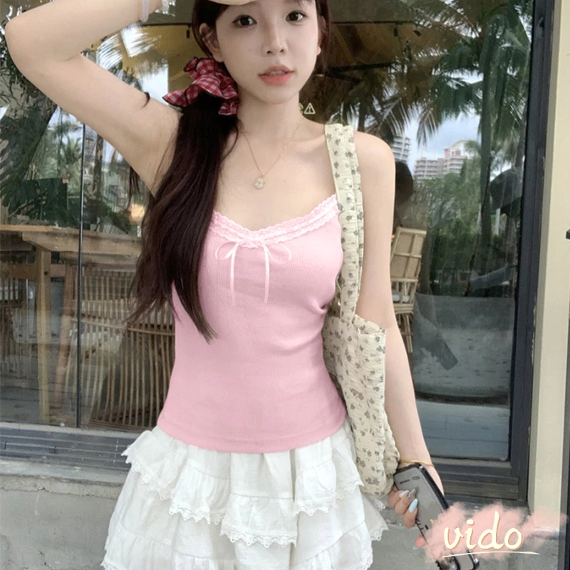 พร้อมส่ง โบว์ขอบลูกไม้ Camisole ผู้หญิงฤดูร้อนอินเทรนด์ Slim FITTING TOP สาวเผ็ดสั้น VIDO