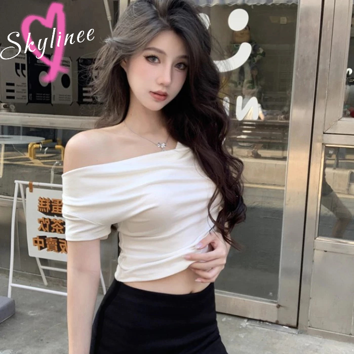 พร้อมส่ง เสื้อเปิดไหล่ไหมพรม แขนสั้น สีพาสเทล SL