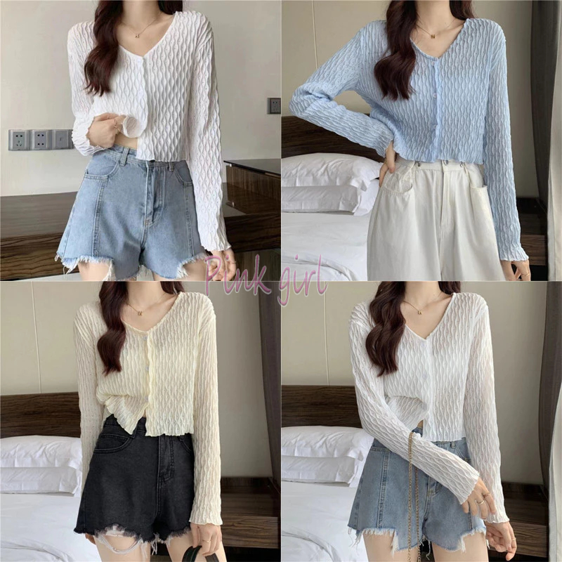 💋Pink girl💋​พร้อมส่ง เสื้อไหมพรมแขนยาว คอวี ดีเทลลายฉลุน่ารักคิ้วๆ (8K12) โค้ดลดเพิ่ม DDAY1215