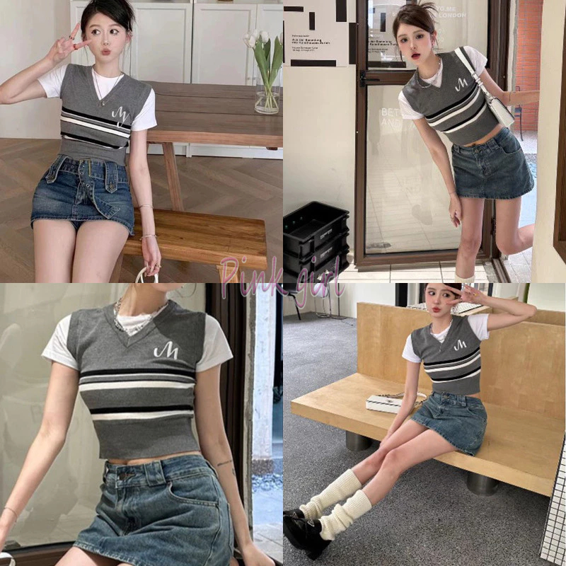 💋Pink girl💋พร้อมส่ง เสื้อไหมพรม2ชั้นติดกัน แขนสั้นลายทางมี 3ลาย "08011-M/08011-MY/08011-Y" -C