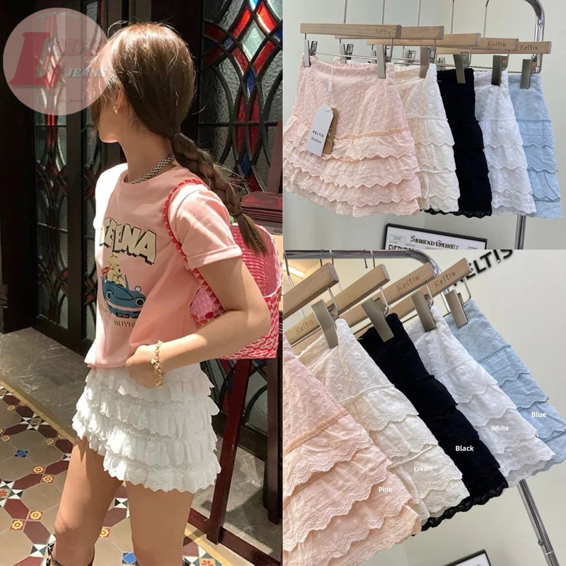 Lady_jeans#203(K)กระโปรงลูกไม้ระบาย4ชั้น ทรงเค้ก มีซิปข้าง(ขนาดใหม่)📌 แต่งลายลูกไม้ มี 5 สี
