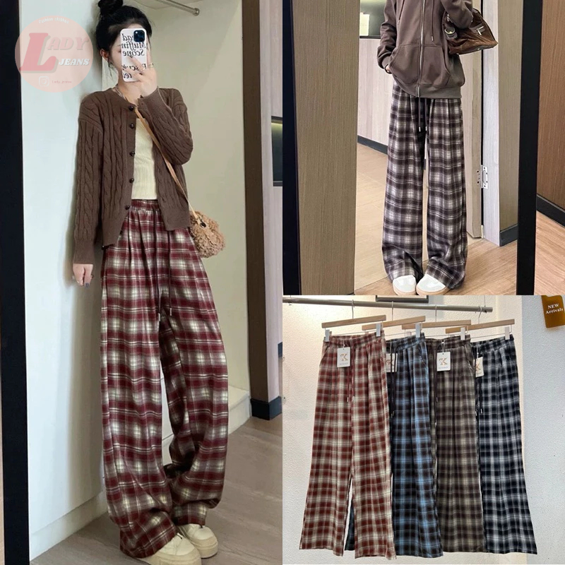 Lady_jeans#199-1(K)กางเกงขายาว ลายสก๊อต มีเชือก ปลายขาบาน