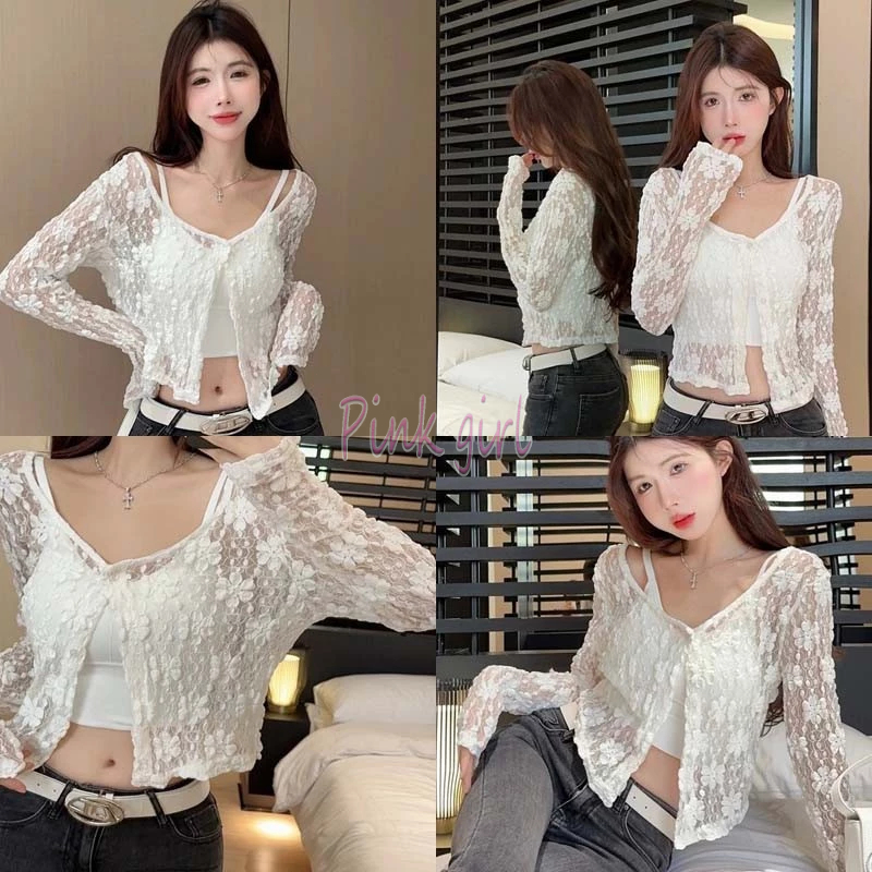 💋Pink girl💋พร้อมส่ง เสื้อคลุมถักไหมพรม ลายดอกไม้ คอวีเล็กๆ น่ารักสไตล์เกาหลี กระดุมด้านหน้า "MX042/FY319"