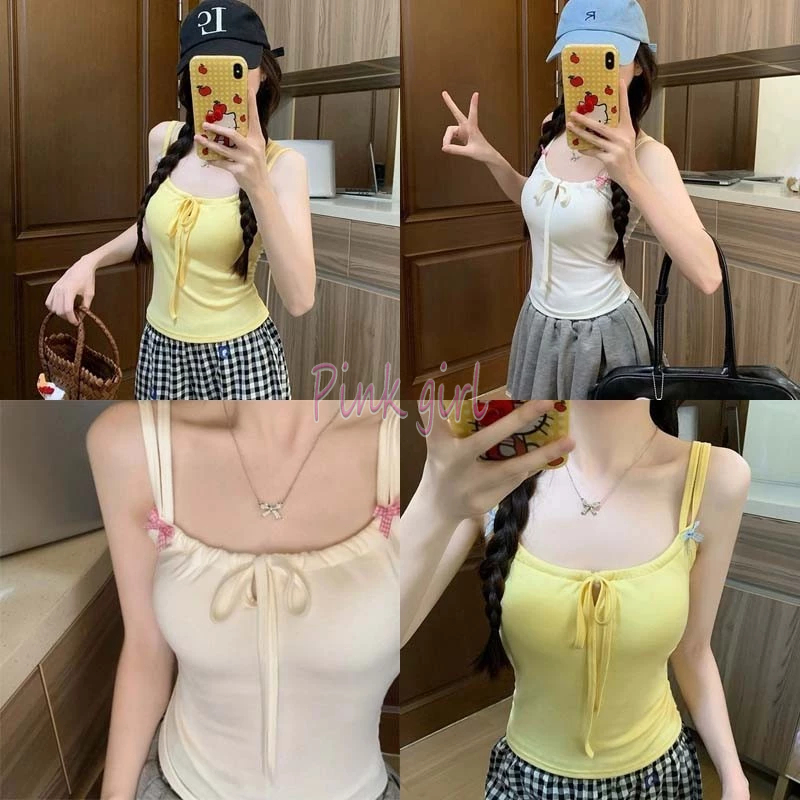 💋Pink girl💋​พร้อมส่ง เสื้อสายเดี่ยวสองเส้น มีฟองน้ำ เซ็กซี่แซ่บเวอร์ ดีเทลผูกหน้าอก สีพาสเทล "FY6809-J"