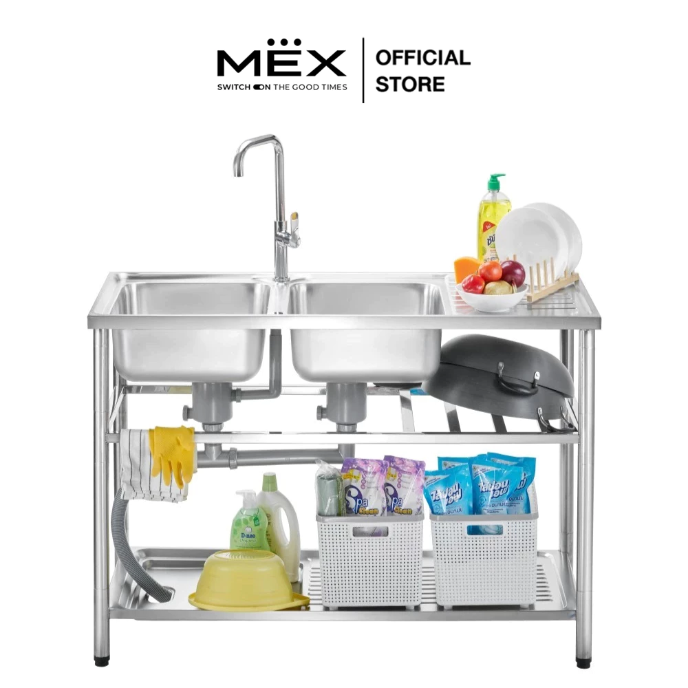 MEX รุ่น PSC1200ML อ่างล้างจานพร้อมขาตั้ง 2 หลุม 1 ที่พัก ขนาด 120 x 50 ซม. สเตนเลส สตีล AISI 304 หนา 0.6 มม.