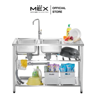 MEX รุ่น PSC1200ML อ่างล้างจานพร้อมขาตั้ง 2 หลุม 1 ที่พัก ขนาด 120 x 50 ซม. สเตนเลส สตีล AISI 304 หนา 0.6 มม.