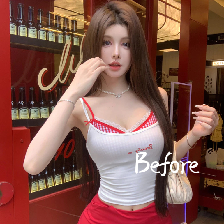 ลูกไม้ลายสก๊อต Camisole ผู้หญิงเซ็กซี่สีตัดกัน TOP Girlish ขี้เล่นปลอม 2 ชิ้น BF