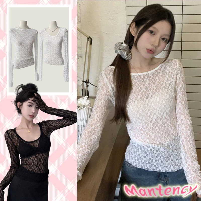 เสื้อถักไหมพรมแขนยาว คอกลม ดีเทลลูกไม้ซีทรู-MTY