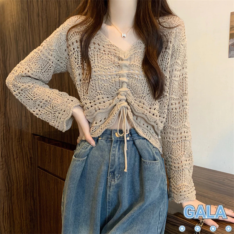 เสื้อสเวตเตอร์เชือกผูกเซ็กซี่สำหรับผู้หญิง เสื้อเบลาส์ถักกลวงด้านล่าง GA