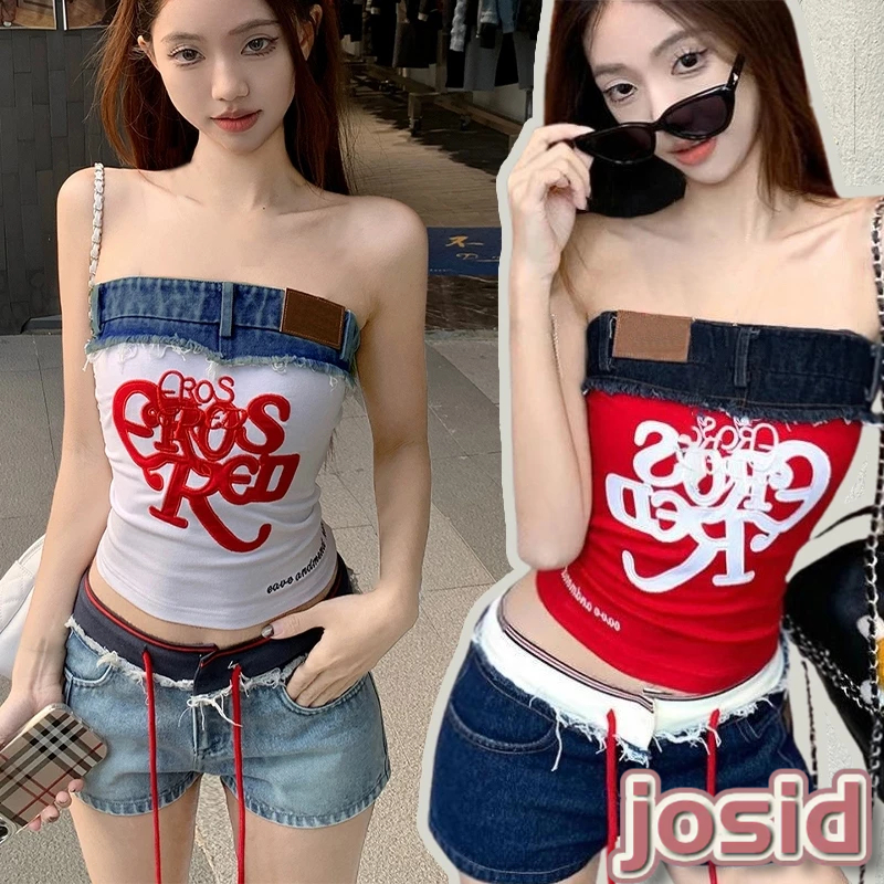 ย้อนยุค สาวฮอต เสื้อตัวบน ตัวอักษร ปัก เสื้อท่อนบน ผู้หญิง แฟชั่น เดนิม แพทช์เวิร์ก เสื้อกั๊กเข้ารูป