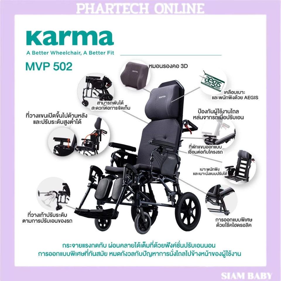 รถเข็น นั่ง-นอน ล้อแม็ก เบาะสีดำ มีพนักคอ ปรับยกขาได้ KARMA-KM-5000.2 MVP 502