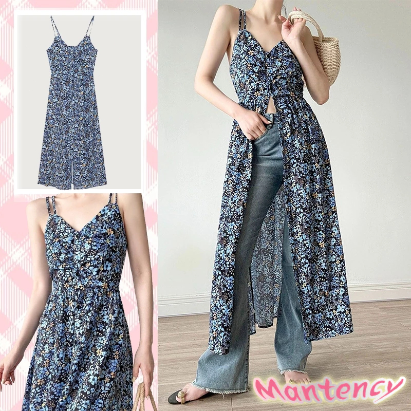 สไตล์ฝรั่งเศส ลายดอกไม้ คอวี สลิป เดรส สไตล์หวานร้อนแรง เดรส ผ่า ย้อนยุค เดรส ยาว ผู้หญิง-MTY