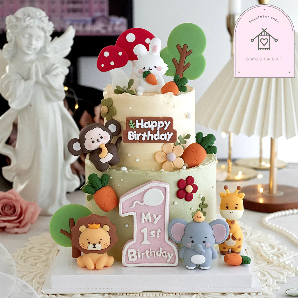 เค้กวันเกิดสวนสัตว์ ธีมสวนสัตว์ โมเดลสัตว์ ตุ๊กตาสัตว์ ช้าง ยีราฟ สิงโต ลิง กระต่าย เเม่พิมพ์ เลข1 ตกเเต่งเค้กสวนสัตว์
