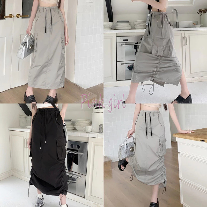 💋Pink girl💋พร้อมส่ง กระโปรงยาวเอวสูง มีกระเป๋า2ข้าง เอวสม๊อคยืดเล็กน้อย  "2327" -NZ-XM