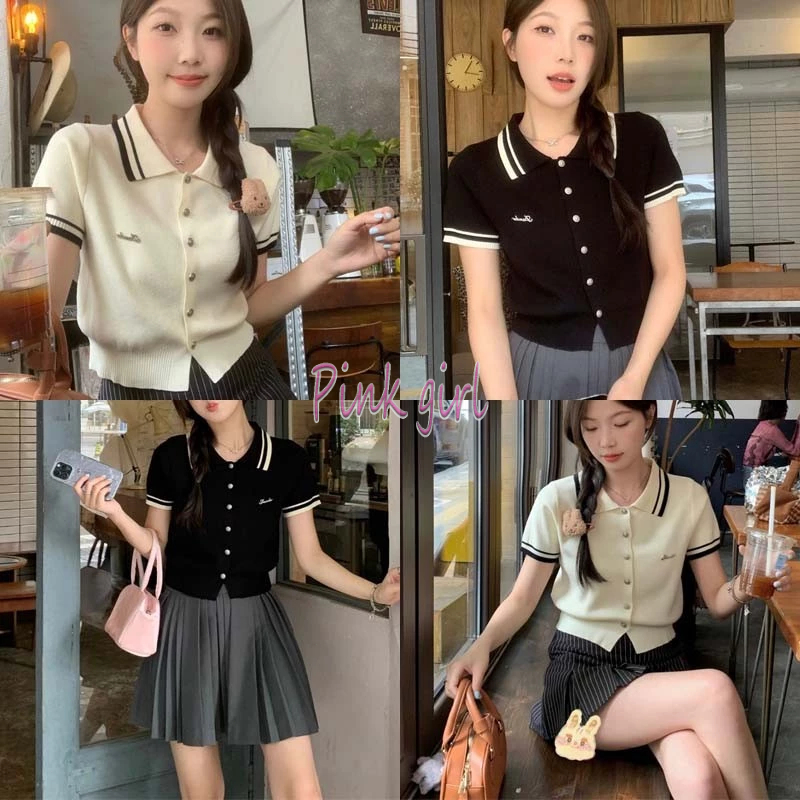 💋Pink girl💋พร้อมส่ง เสื้อไหมพรมแขนสั้น ทรงครอปใส่ง่ายสบาย คอปก สีพื้น "59035"