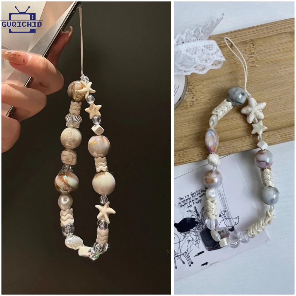 สายคล้องโทรศัพท์มือถือสายคล้องโทรศัพท์แบบห้อยคอสไตล์หวานพร้อมลูกปัดรูปเปลือกหอยปลาดาว สายคล้องโทรศัพท์แบบห้อยข้อมือระดับ