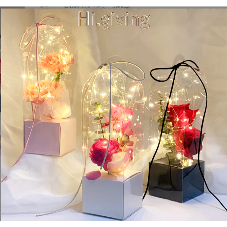 hi.กล่องพลาสติก pvc แบบใสหุหิ้วใส่ดอกไม้ กล่องของขวัญโปร่งใส มีฐานรอง กล่องdiy พลาสติกใสใส่งานปัจฉิม