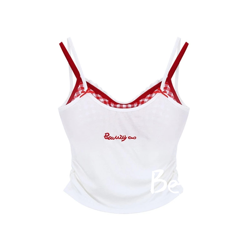 ลูกไม้ลายสก๊อต Camisole ผู้หญิงเซ็กซี่สีตัดกัน TOP Girlish ขี้เล่นปลอม 2 ชิ้น BF