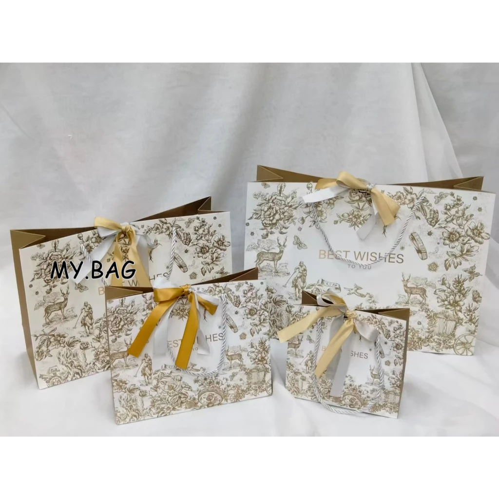 🌷🌷BAG🌷🌷 ถุงกระดาษ หูหิ้ว พร้อมโบว์ ลายดอกไม้สีทอง ใส่ของขวัญ ใส่ของฝาก ใส่เสื้อผ้า