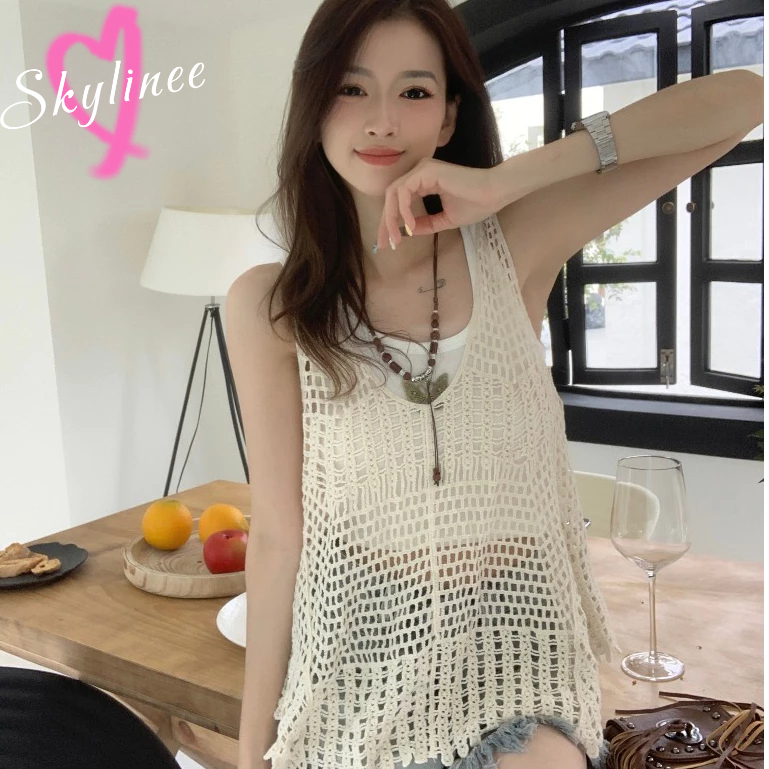 จัดส่งทันที เสื้อกล้าม แขนกุด ผ้าฝ้าย ปักลาย ทรงหลวม ฉลุลาย แฟชั่นฤดูร้อน สําหรับผู้หญิง SL
