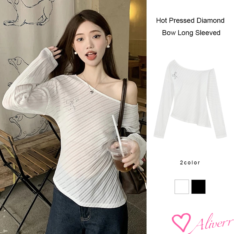 Hot Pressed Diamond Bow เสื้อถักแขนยาว Slim Fitting ปิดไหล่เสื้อถักผู้หญิงบางด้านบน LIVE