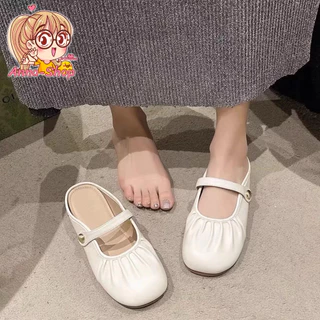 Anna shop รองเท้าแมรี่เจนแบบเปิดส้น หนังนิ่ม พื้นนุ่ม ส้นแบน สําหรับผู้หญิง T306