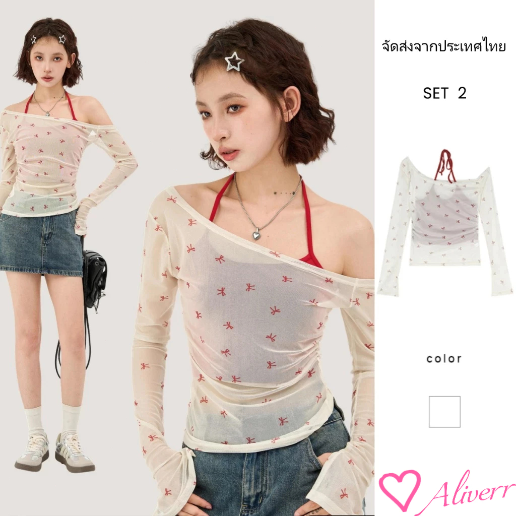 SET2 สไตล์เกาหลีหวานเผ็ดสไตล์โบว์พิมพ์เชือกแขวนคอคอที่ไม่มีสายหนังเสื้อยืดชุดสองชิ้นLIVE